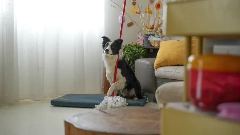 Border collie tranquillo in casa, accanto al suo tappetino